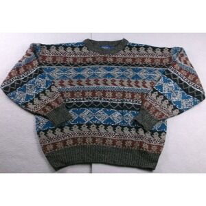 Cambridge Classics Mens Vintage Fair Isle Crewneck Sweater Blue Brown Large
